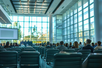 A high-profile investment seminar for millionaires discusses future trends in technology and finance at a modern conference center