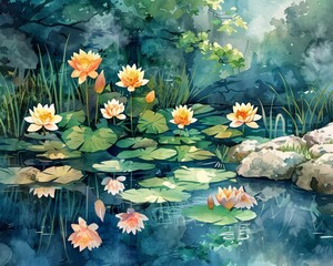 A watercolor illustration of a peaceful river winding through a colorful, blooming meadow with natural elements in the background