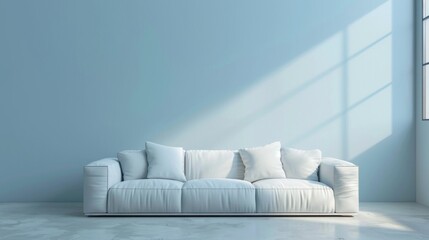 Minimalist interior design of modern living room with light blue wall and sofa mock up, panoramic banner for advertising