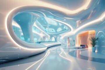 A futuristic hospital boasts cuttingedge architecture with organic shapes and hightech facilities, Interior 3d render Sharpen highdetail realistic concept