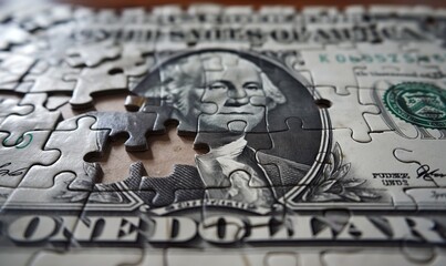 Assembling a banknote puzzle on the table.