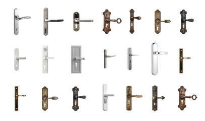 Mega pack of doorknobs, door handles, with and without keyholes. Vintage, retro, modern, antique, classic, clean, minimal and intricate. Metallic, gold, copper, silver, metal, chrome, aluminium, more