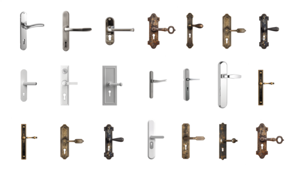 Mega pack of doorknobs, door handles, with and without keyholes. Vintage, retro, modern, antique, classic, clean, minimal and intricate. Metallic, gold, copper, silver, metal, chrome, aluminium, more