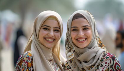 Young Muslim women greeting on Eid