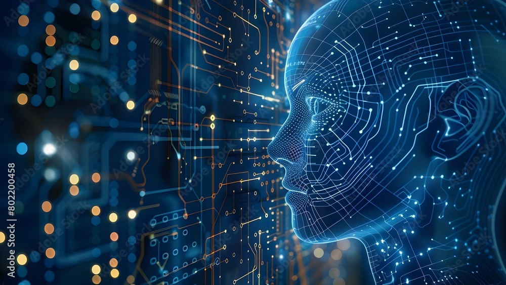 Poster concept of ai with female face outline represented by circuit board and binary data flow on blue bac