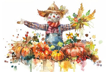 A watercolor painting of a friendly, smiling scarecrow guarding a vibrant autumn harvest, Clipart isolated on white background