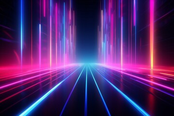 Futuristic neon-lit corridor  vibrant blue and pink lights creating a deep perspective, ideal for themes of technology, the future, and cyber environments

future, technology, cyber, neon perspective