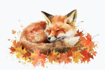 Naklejka premium A watercolor painting of a so cute baby fox curled up in a bed of fallen leaves, Clipart isolated on white background