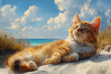 Ginger orange cat relaxing lay down on a sand beach looking into the distance.