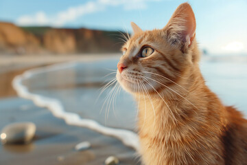 Obraz premium Ginger orange cat relaxing on a sand beach looking into the distance.