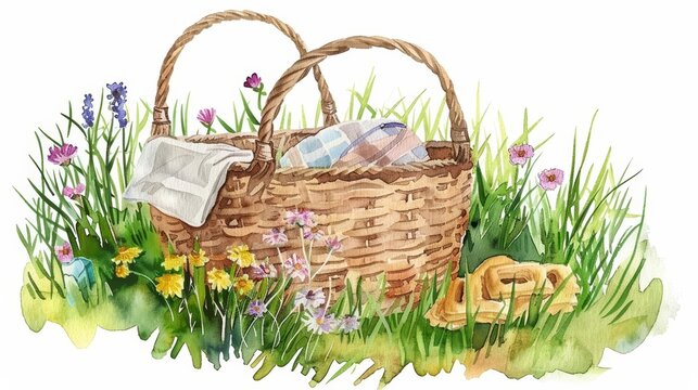 A watercolor painting of a simple, be nice picnic basket filled with treats beside a flowering meadow, Clipart isolated on white background