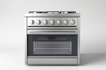 A front view of a contemporary gas stove with an oven, featuring sleek design and control knobs