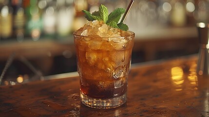 mint julep, fresh drink made with whiskey, sugar, water, ice and fresh mint - obrazy, fototapety, plakaty
