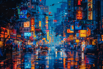 Vibrant night scene on a rainy street in Taiwan with neon signs