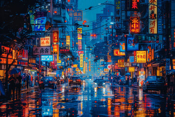Fototapeta premium Vibrant night scene on a rainy street in Taiwan with neon signs