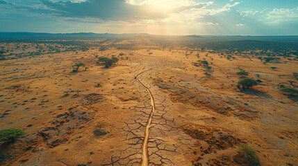 Fototapeta premium Aerial view of a cracked desert trail under a sunset sky