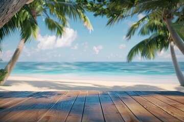 A wooden table platform overlooks the tropical beach view, blending seamlessly with the summer sea seen, epitomizing a perfect getaway, Sharpen 3d rendering background
