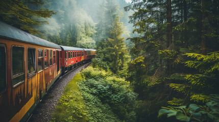 Fototapeta premium Vintage train journey through a lush green forest