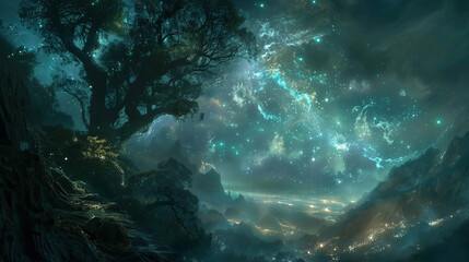 Fototapeta premium Enchanted forest scene with starry night and mystical lights