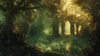 Fototapeta premium Enchanted forest scene with mystical ruins and glowing sunlight