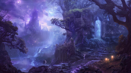 Enchanted forest at night with glowing waterfall and mystical castle
