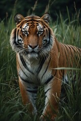 Fototapeta premium majestic tiger on the hunt for some prey in high grass, stock photo, background
