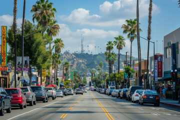 Obraz premium Sunny day in Koreatown, Los Angeles with palm trees and busy street