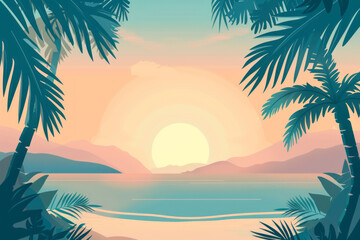Fototapeta na wymiar Tropical beach sunset with palm trees and tranquil seascape