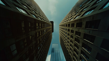 Upward view between two tall corporate buildings