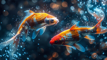 Fototapeta premium Two koi fish swimming gracefully in a shimmering pond