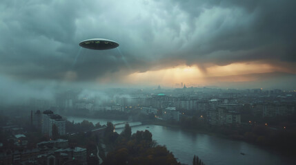 UFO sighting above misty cityscape during sunrise