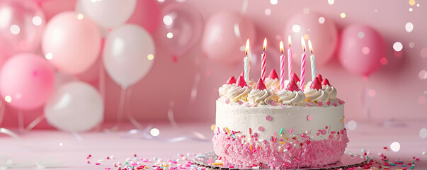 Birthday party with birthday cake, candles, balloons on pink background copy space