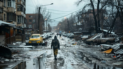 Lonely figure walks through post-conflict urban devastation