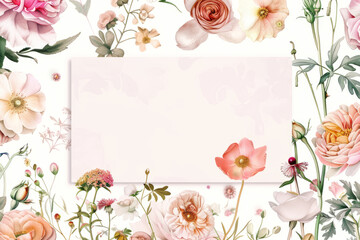 Elegant blank white card surrounded by vibrant floral arrangement