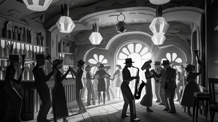 An underground jazz bar from the Roaring Twenties, with saxophonists and flappers dancing, all rendered in monochrome paper, paper art style concept