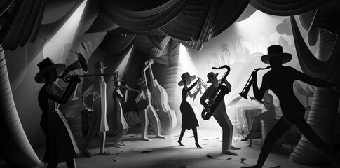 An underground jazz bar from the Roaring Twenties, with saxophonists and flappers dancing, all rendered in monochrome paper, paper art style concept