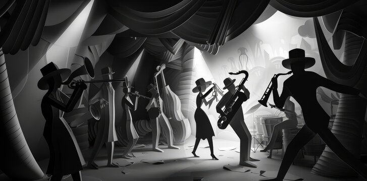 An underground jazz bar from the Roaring Twenties, with saxophonists and flappers dancing, all rendered in monochrome paper, paper art style concept