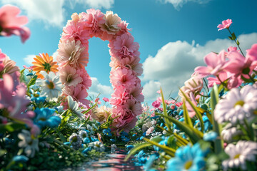 Fototapeta premium Colorful floral archway in a magical garden under blue skies. Number 0
