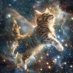 Imagine a world where a cat with majestic wings glides through the vast expanse of space, its fur shimmering like stardust against the backdrop of twinkling stars