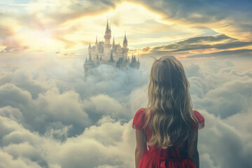 Fototapeta premium Young girl in red facing a majestic castle amidst clouds