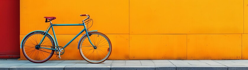 A stylish bicycle is parked against a bright orange wall.