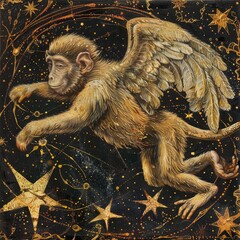 In the cosmic expanse of space, picture a captivating scene--a lively winged monkey gracefully swinging among the stars.