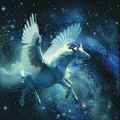In the infinite expanse of space, envision a breathtaking sight--a magnificent winged goat gracefully soaring amidst the glittering stars