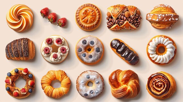 A variety of pastries and breads on a white background. The pastries include croissants, donuts, and muffins. The breads include baguettes and rolls.