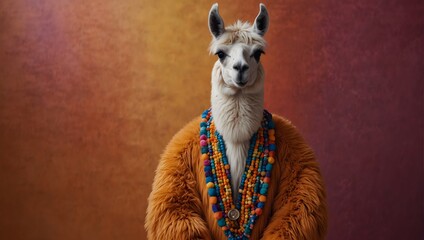 Naklejka premium Llama adorned in trendy haute couture attire striking a pose against a colorful backdrop for a fashion editorial ai_generated
