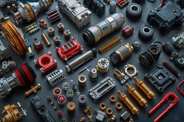 The image shows a variety of mechanical parts, including gears, bearings, and valves. The parts are made of metal and plastic and are used in a variety of industries.