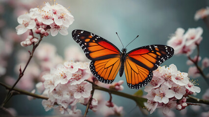Monarch Butterfly on a Cherry Blossom Branch