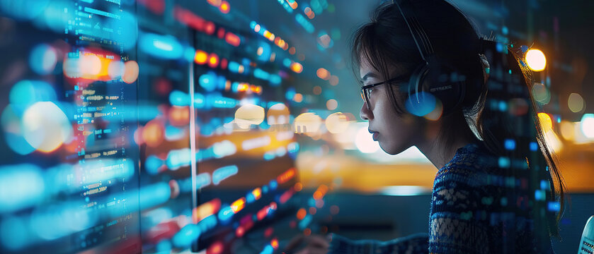concept of a female software developer working on a computer, represented by a double exposure of lines of code and a developer in action