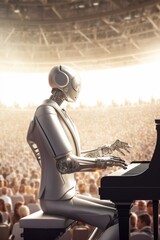 Obraz premium Vertical illustration of a futuristic robot playing piano at a concert with a large audience in the background, showcasing advanced technology and music interactionTechnology, music, concert, innova