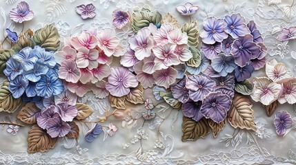 lace floral arrangement, featuring hydrangeas in various shades of purple, pink, and blue. The delicate petals are arranged in a way that creates a sense of depth and movement